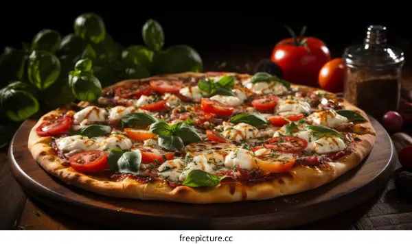A delicious pizza with tomatoes, basil, and cheese