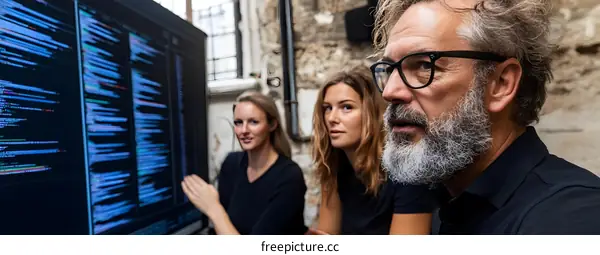 Three People Looking At Computer Screen With Code On It