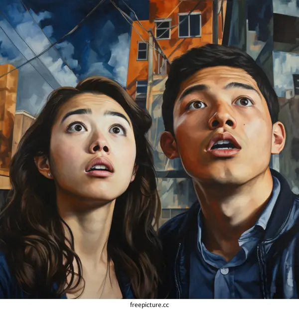 A man and a woman look up in shock at a mysterious event