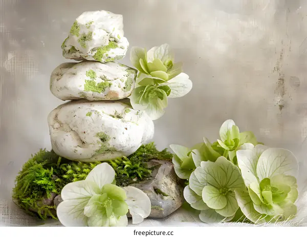 Stacked Stones with Green Flowers and Moss