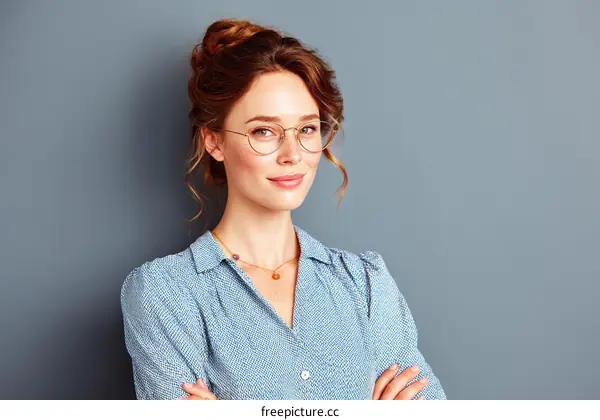Portrait of young woman with arms crossed against gray background