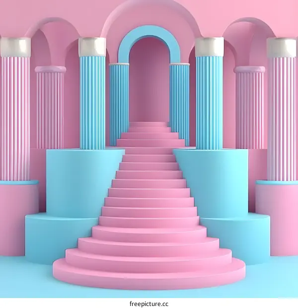 Abstract Pink And Blue Staircase With Columns