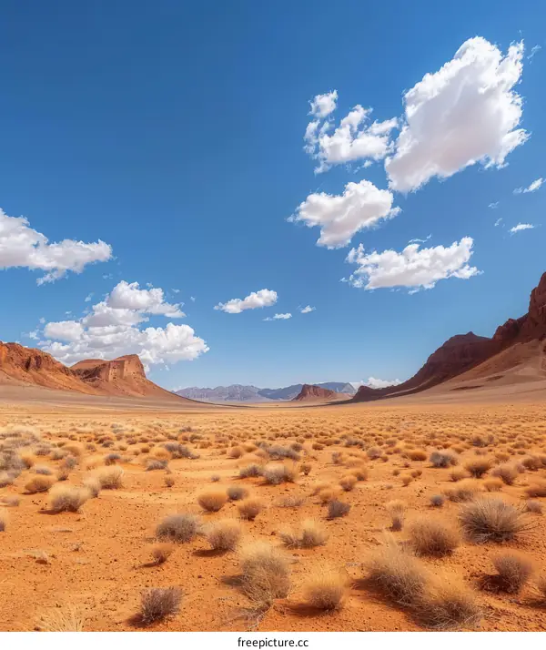 A vast desert landscape with rugged mountains in the distance