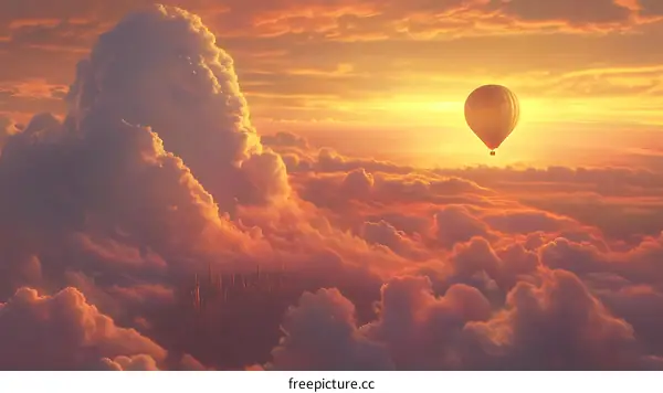 Hot Air Balloon Flying Over Clouds at Sunset