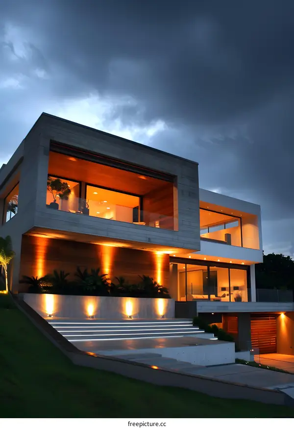 Modern Luxury Home With Warm Lights At Night