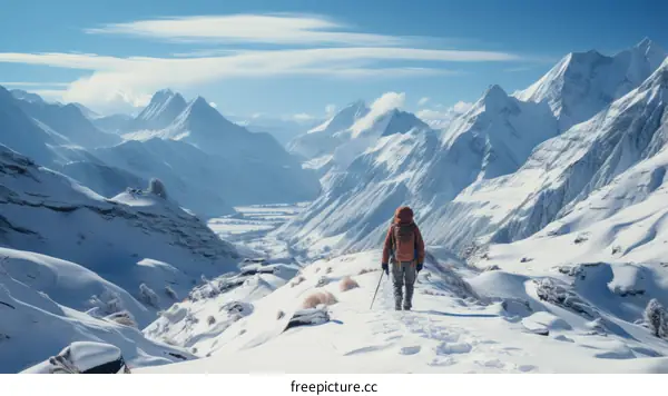 A lone hiker traverses a snowy mountain landscape