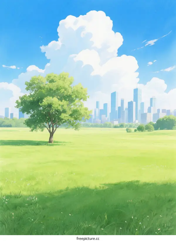 Lush Green Meadow with Solitary Tree and Urban Skyline