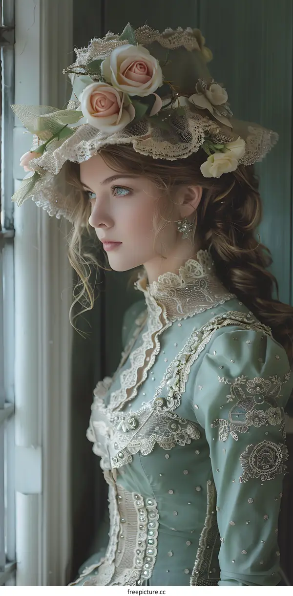 portrait of a young woman in a green dress with a large hat with flowers