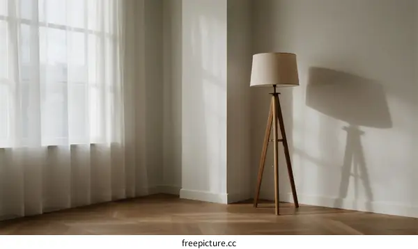 Modern floor lamp in a bright and empty room with sheer curtains