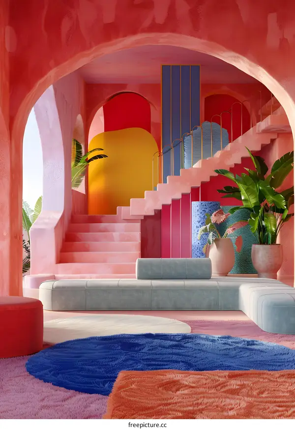 Colorful Abstract Interior Design with Stairs and Arches