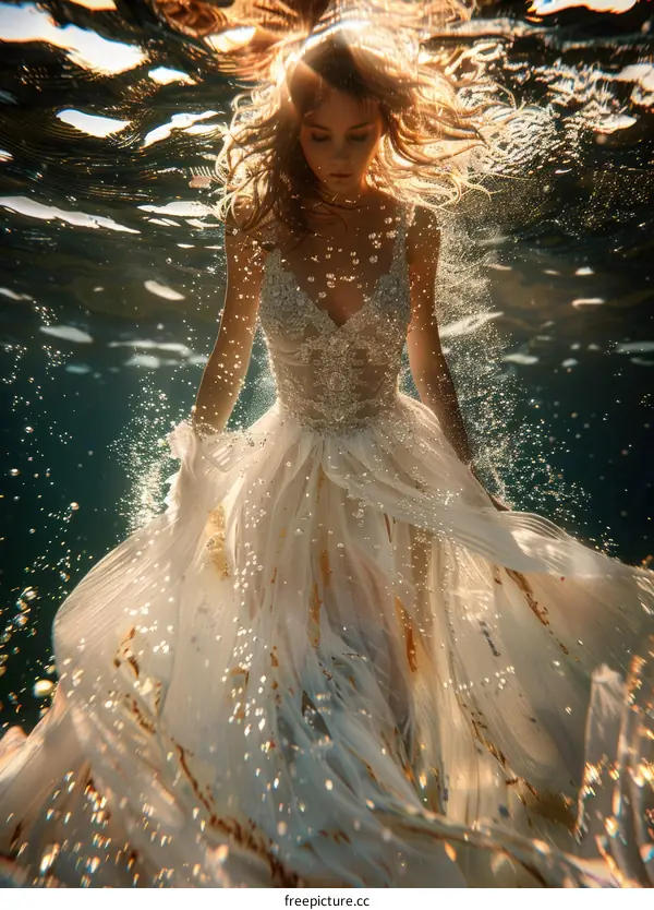 An underwater photo of a woman wearing a white wedding dress