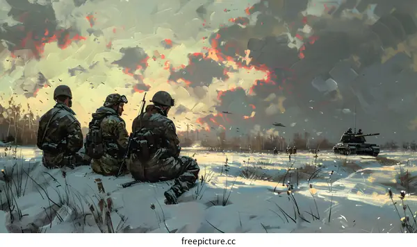 Three soldiers in winter gear sit on a snowy hill and watch as a tank and troops advance in the distance
