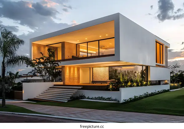 Modern Architecture House with White Walls and Large Windows