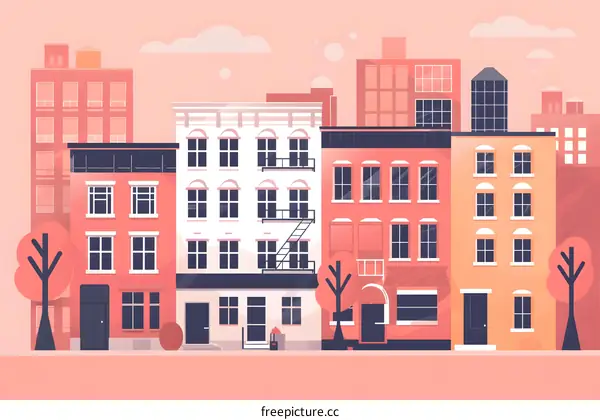 Modern City Buildings Illustration with Pink Sky