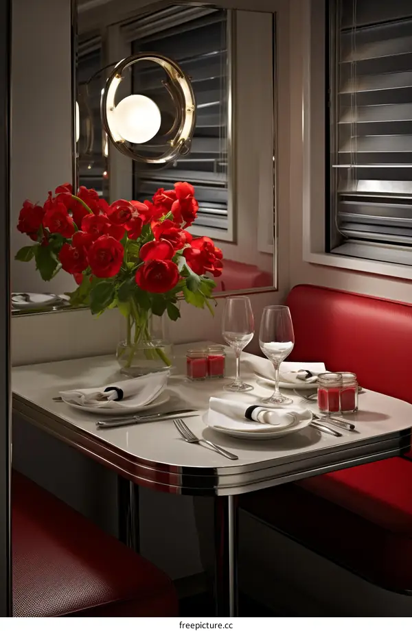 Red roses in a glass vase on a table in a dining car