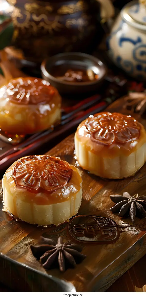 Closeup Of Delicious Mooncakes On Wooden Plate