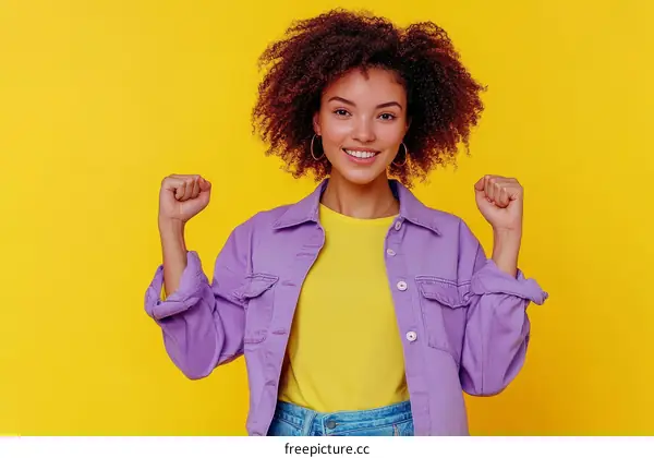 Happy Woman in Trendy Purple Jacket