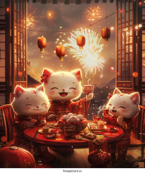 Cats enjoying Chinese New Year's Eve dinner