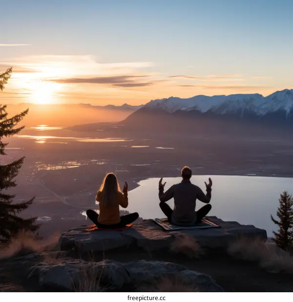 A couple doing yoga on a mountaintop overlooking a lake and mountains