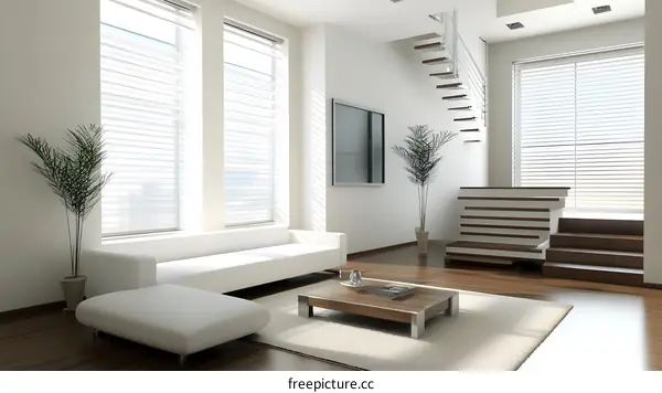 Modern Living Room Interior Design with White Sofa and Staircase