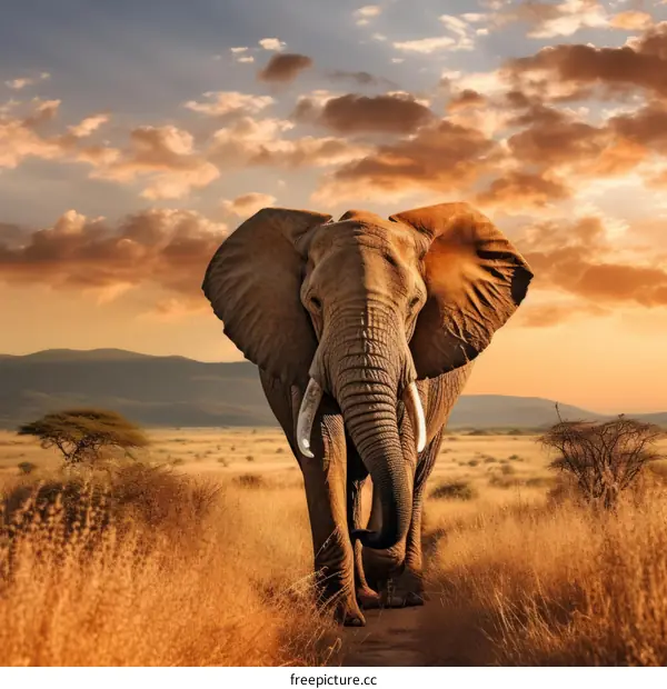 Majestic African Elephant Walking in the Golden Grassland at Sunset