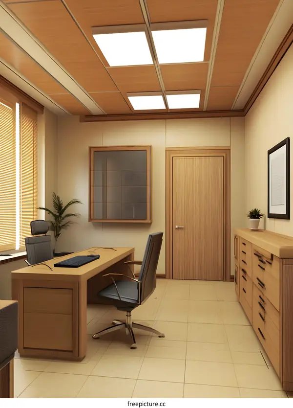 Modern Office Interior Design with Wooden Desk and Chairs