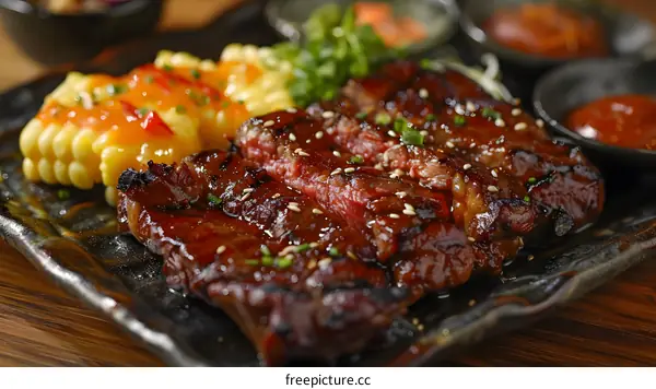 A plate of delicious steak with corn and salad