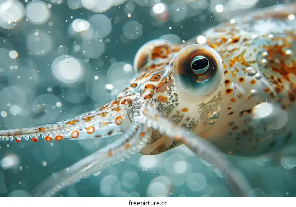 A close up of a squid with bubbles in the background