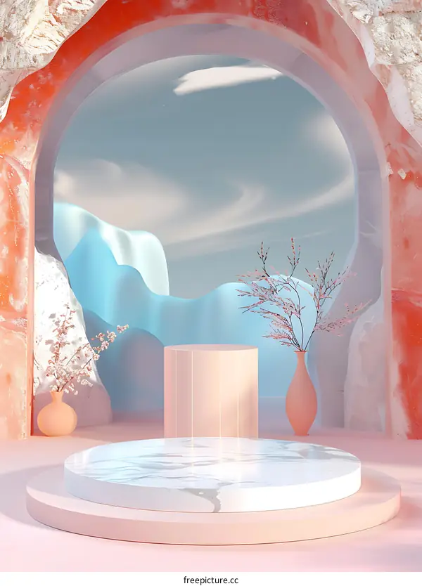 Abstract Minimalist 3D Scene With Marble Platform And Pink Vase