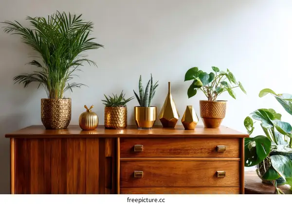 Gold Planters on Wooden Furniture