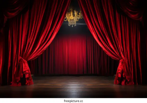 Red stage curtain with a crystal chandelier