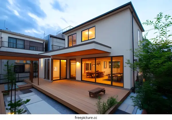 Modern Home with Wooden Deck and Garden