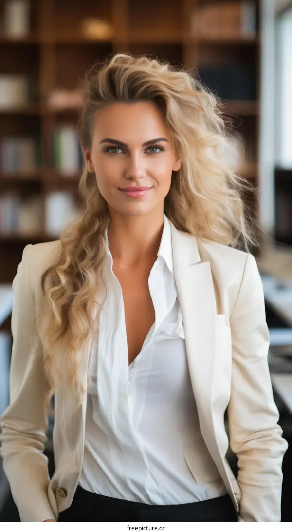 Portrait of a beautiful young woman with long blonde hair wearing a white suit