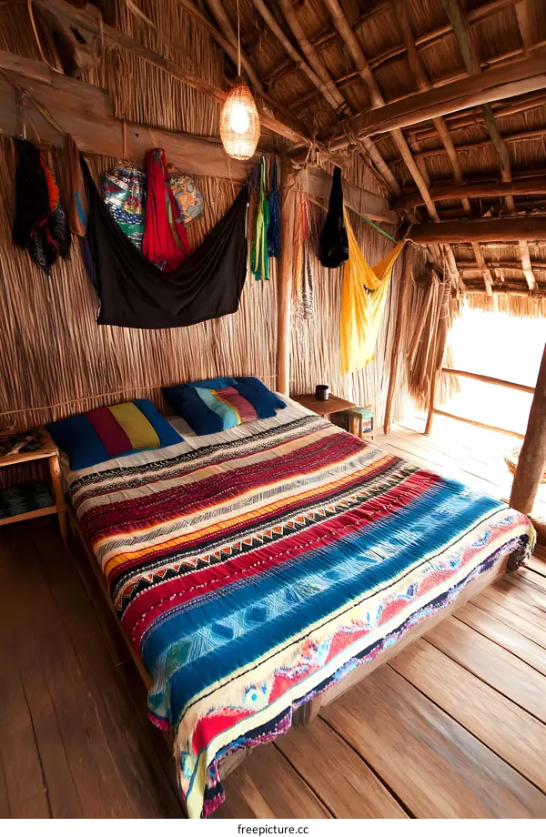 Colorful Bed in a Thatched Roof Hut