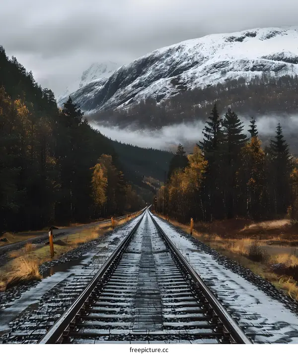 Railway Tracks Through Mountain Pass with Snow