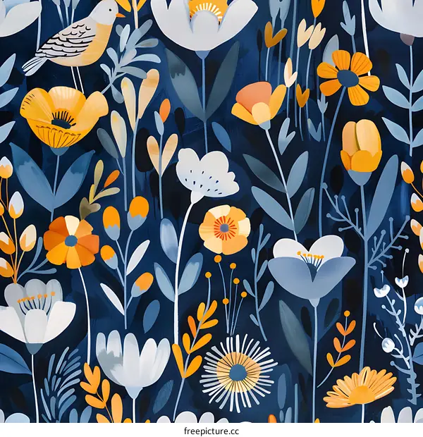 Blue Floral Pattern With Bird Illustration