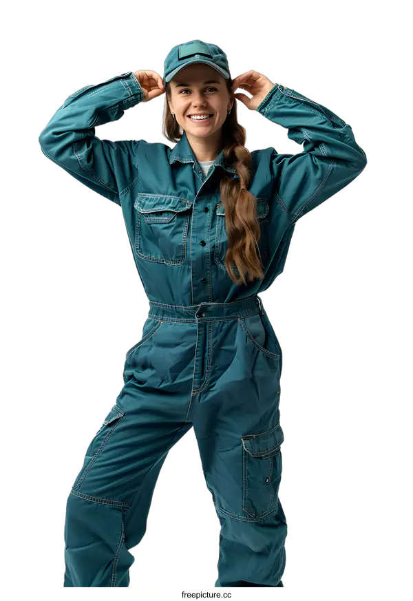 [Transparent Background PNG]portrait of a smiling woman in a blue jumpsuit