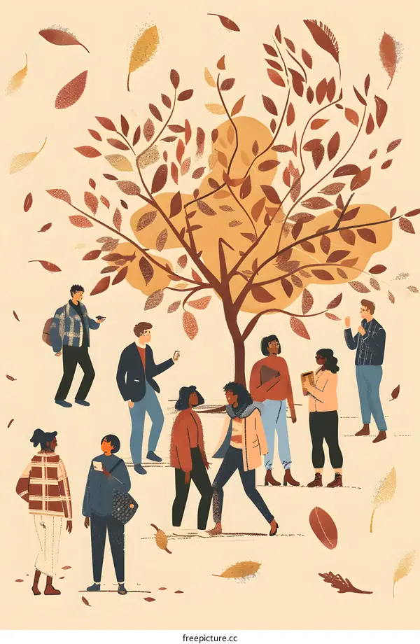 Autumn Illustration with People in Park