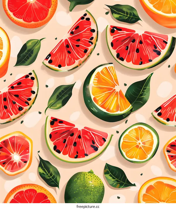 Watermelon, Orange, Lime, and Grapefruit Seamless Pattern