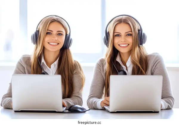 Two Caucasian Customer Service Representatives Working on Computers