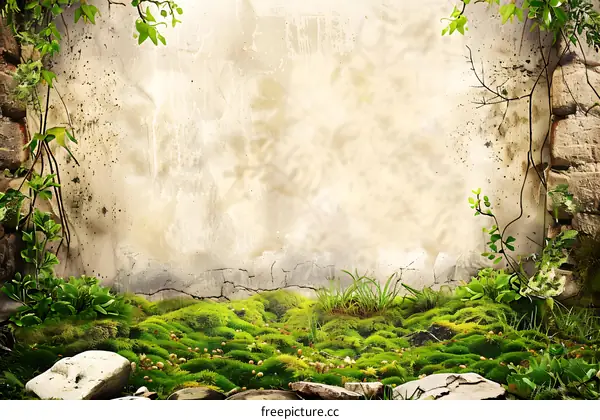 Green Moss Background with Stone Wall and Vines