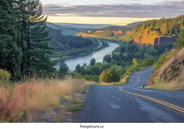 Winding road through a valley with a river and trees