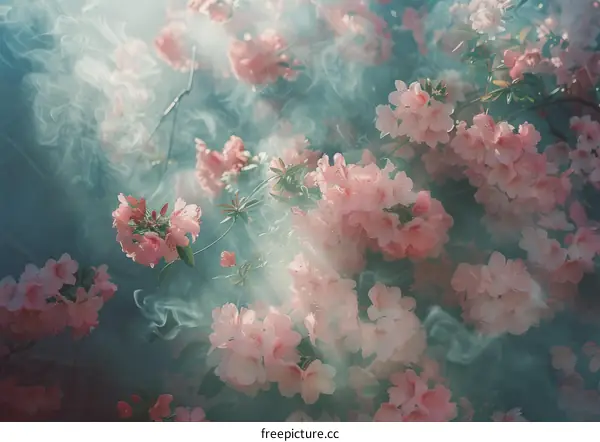 ethereal pink flower petals floating in the air with a hazy blue background