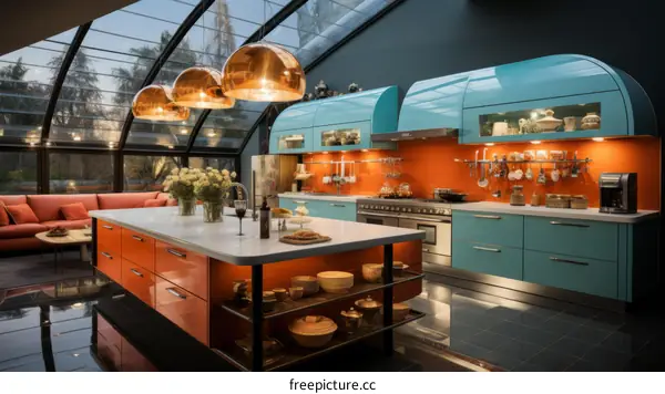 Blue and orange kitchen with large windows