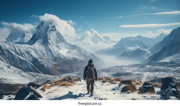 A lone hiker traverses a snowy mountain landscape with a majestic snow-capped peak in the distance
