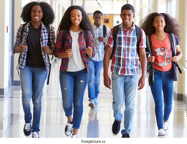 African American Students Walking in School Hallway