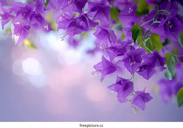 Close-up of purple bougainvillea flowers with green leaves on a blurred background