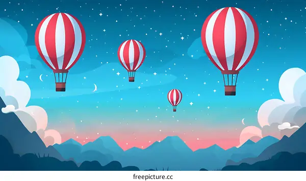 Hot Air Balloons Flying Over Mountains at Night