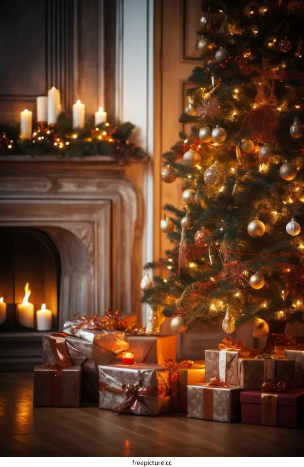 A beautifully decorated Christmas tree stands in a living room.