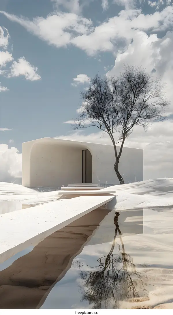 Futuristic minimalist architecture house in the middle of the desert with a big tree in front of it